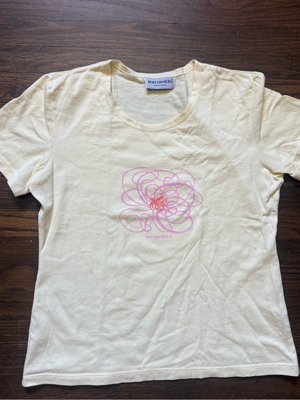 Vintage Marimekko Yellow T Shirt Flower Women’s Size L Finland Cotton